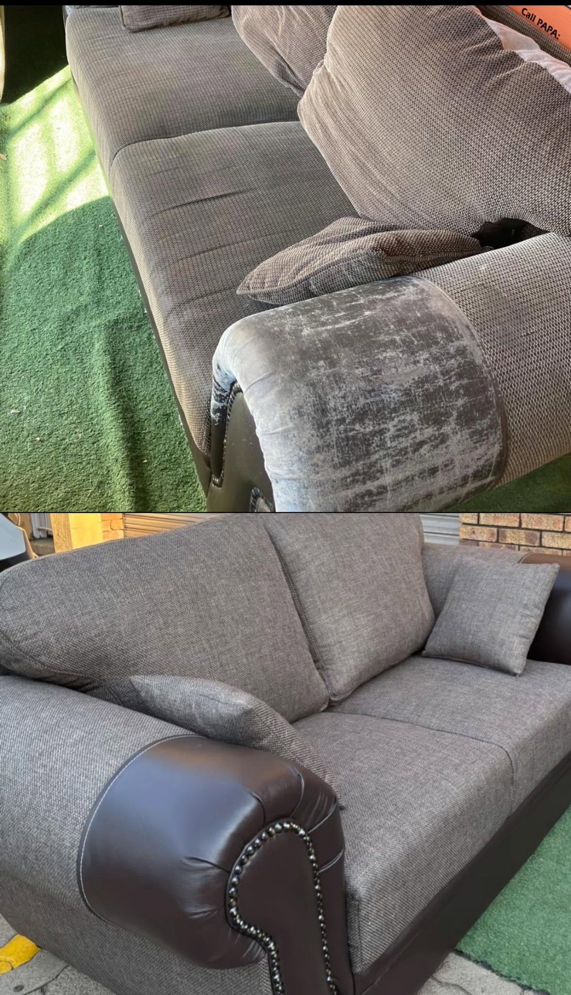 Before and after: worn grey fabric recliner reupholstered to grey fabric two-seater with leather trim by Papa911 Upholstery